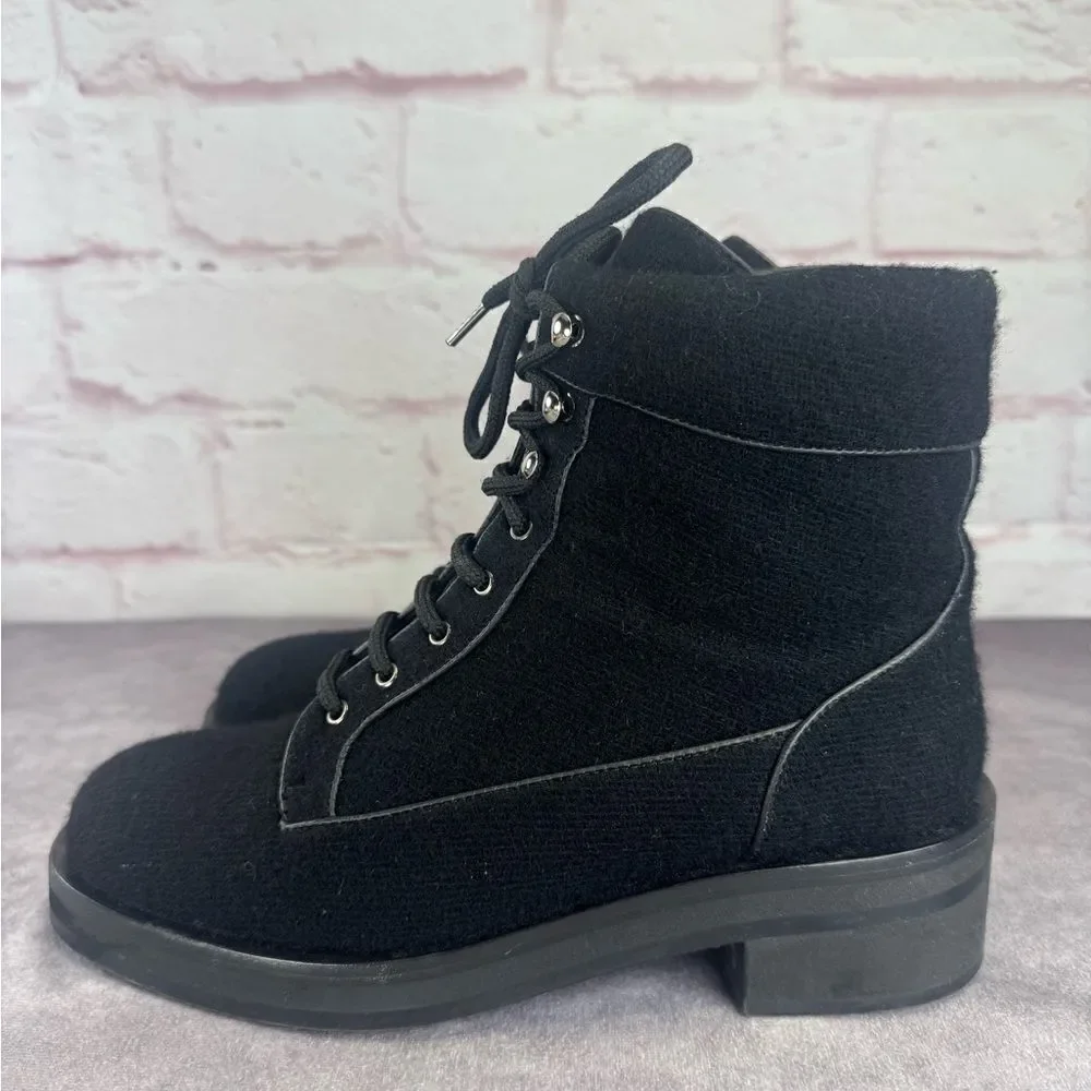Chanel $1450 Wool Lace Up Black Biker Ankle Boots 9